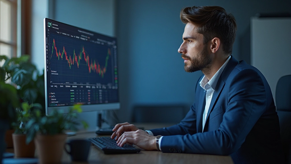 Интерфейс фондовой биржи с графиками котировок и свечными диаграммами на мониторе компьютера