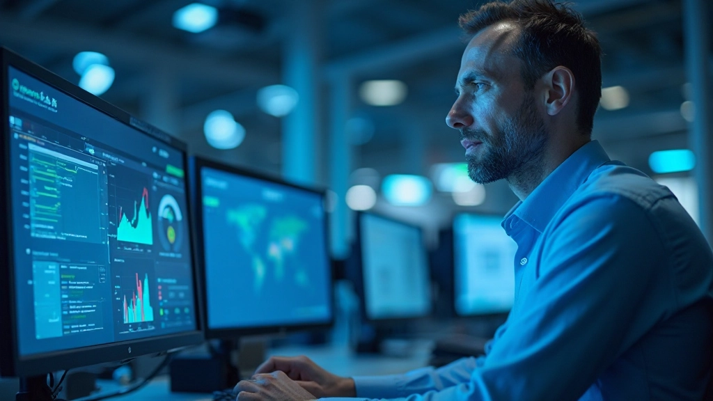 Инженер анализирует данные добычи на экране монитора в центре управления