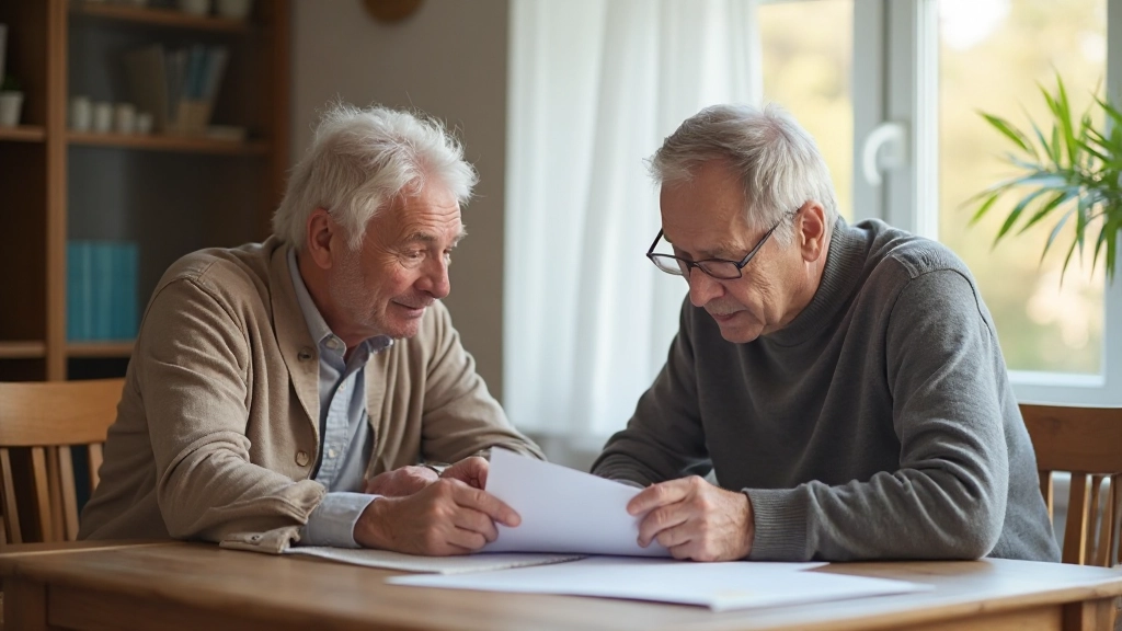 Пожилая пара планирует свой пенсионный доход, изучая финансовые документы в домашней обстановке